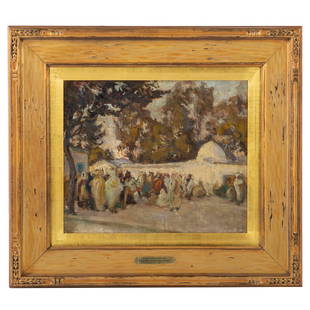 Marie-Anne Mivoulies Pierrefort. "Tunisian Village Scene," oil: (French, 1879-1968). Oil on canvas, initialed "M.N." ll, sight size: 15 x 18 in., framed size: 24 x 27 x 1 1/2 inches.