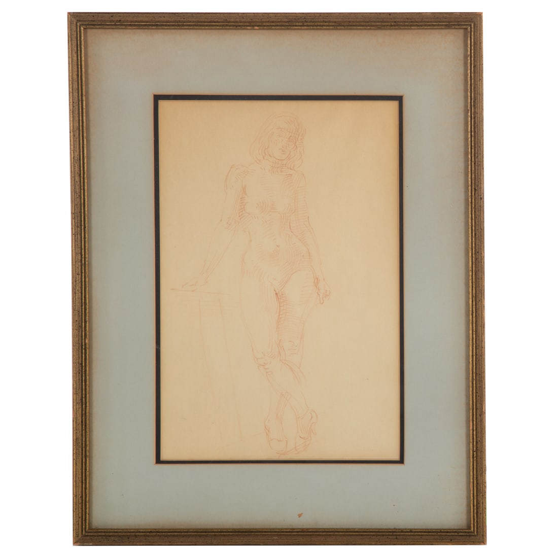 Attributed to Reginald Marsh. Nude Study, conte crayon: (American, 1898-1954). Red conte crayon on paper, attribution on verso with facsimile copy of a personal letter to Frank Redelius from the artist, sight size: 12 x 8 in., framed size: 17 3/4 x 13 3/4