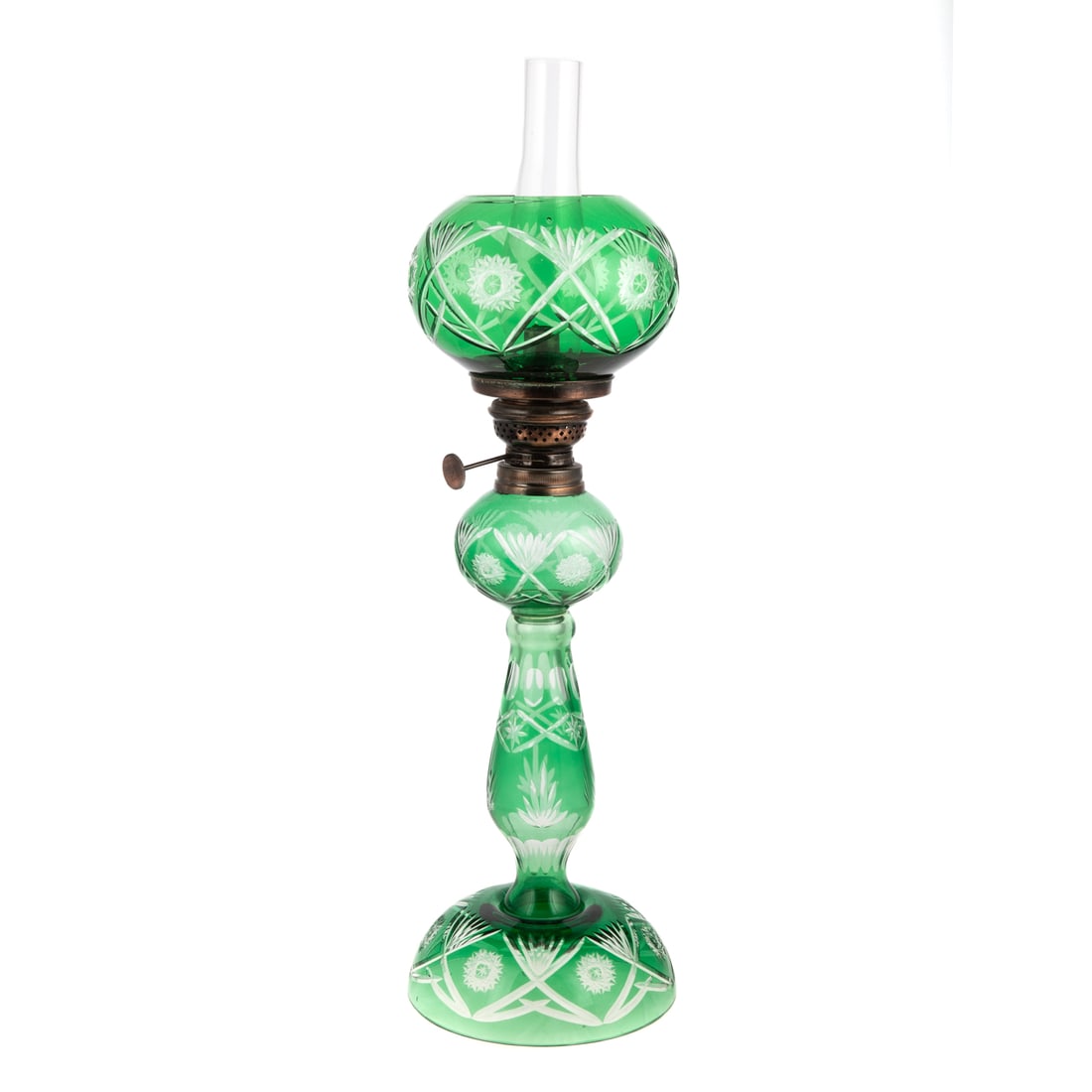 Czecho-Bohemian Emerald Glass Oil Lamp: 20th century; emerald cut to clear oil lamp, total height 21 in.