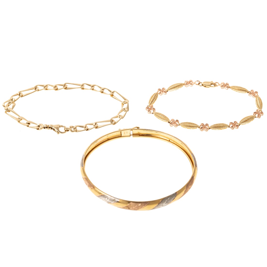 Two 14K Link Bracelets & 10K Bangle: 1) 14K flat figaro link bracelet with lobster clasp, 7.5 in. L, 2) 14K yellow and rose gold link bracelet designed with yellow gold textured navette shape links alternating with rose gold flower links