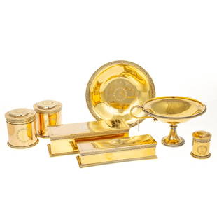 French Empire Vermeil Desk Set by Odiot: c.1819-1827, Jean-Baptiste-Claude Odiot (1763-1850), 950 sterling standard. Seven pieces including two covered rectangular boxes, three covered cylindrical boxes, pedestal dish, and plate. Each with a