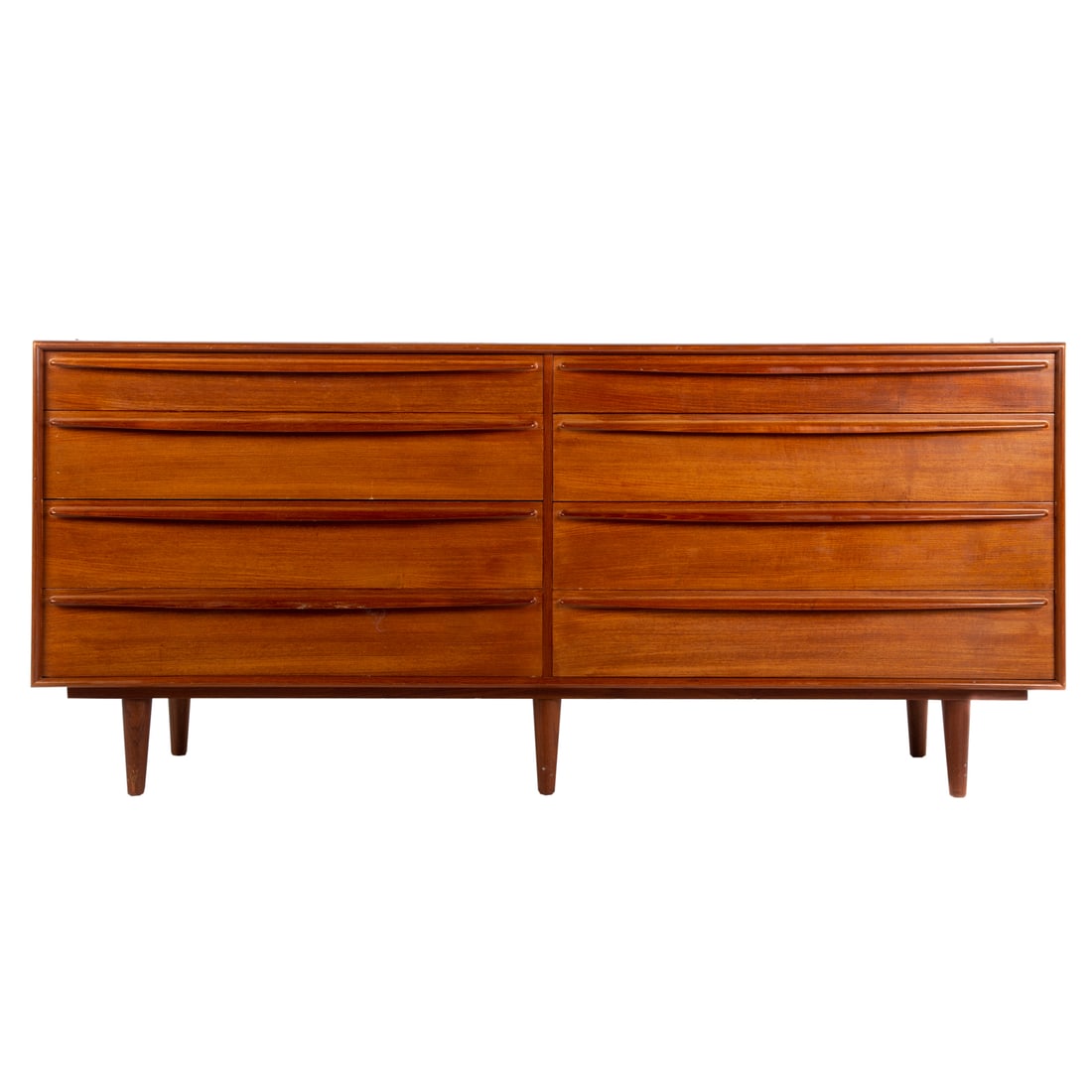 Mid Century Teak Credenza: Circa 1960s-70s; each side with stack of four graduated drawers, 33 in. H., 73 in. W., 19 in. D.