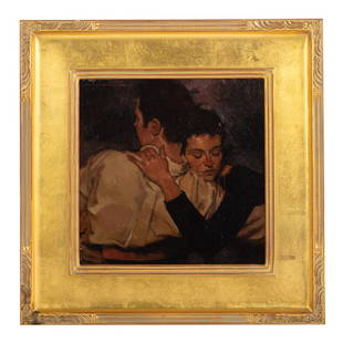 Joseph Lorusso. Couple Embracing, oil: (American, b. 1966). Oil on board, signed "Lorusso" ul, sight size: 11 1/2 x 11 1/2 in., framed size: 18 3/4 x 18 3/4 inches. Provenance: Private collection, Baltimore, MD.