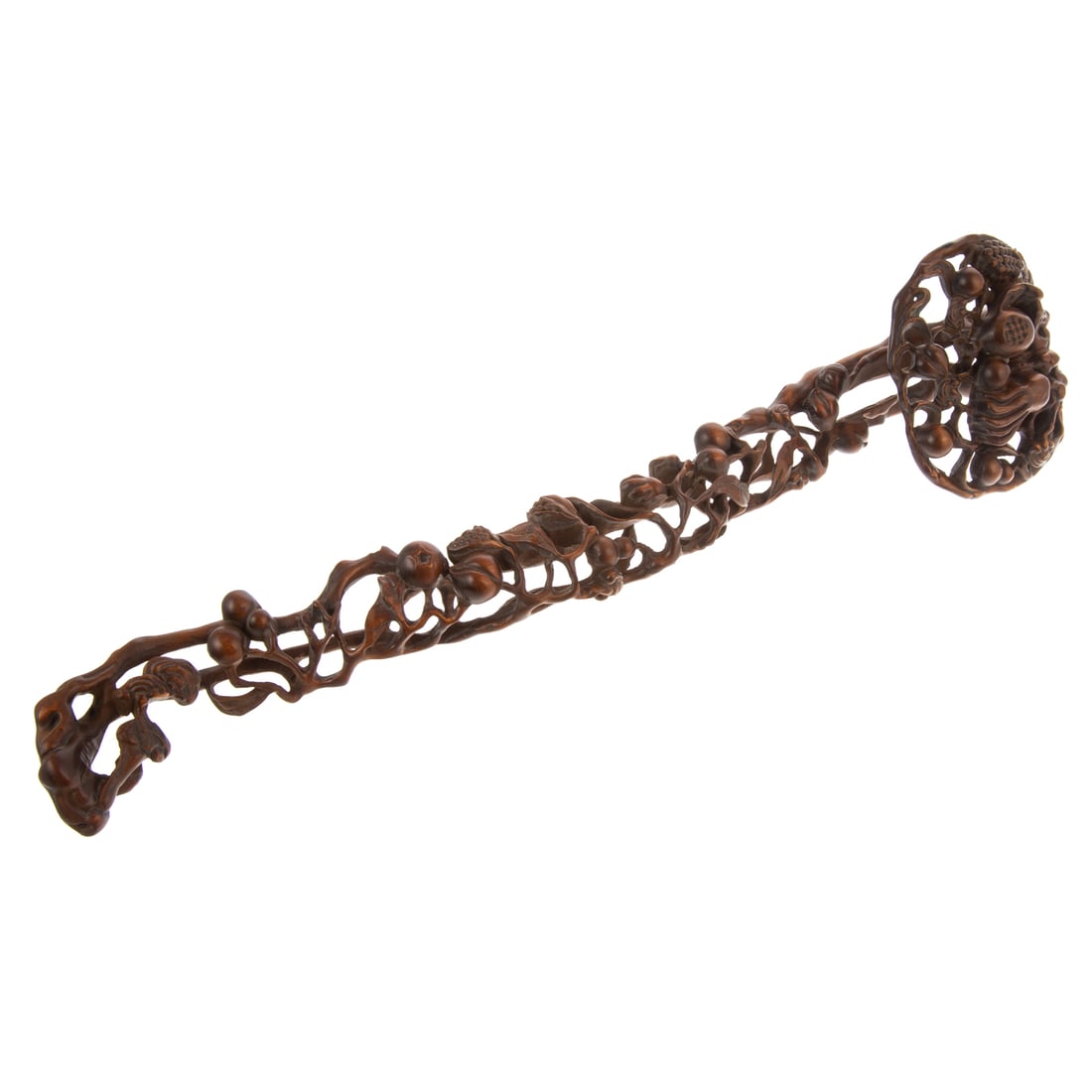 Chinese Carved Boxwood Miniature Ruyi: PRC Period delicately carved piece with reticulated head having berries and nuts and shaft with vines and berries and base having sacred fungus, 12 in. L.