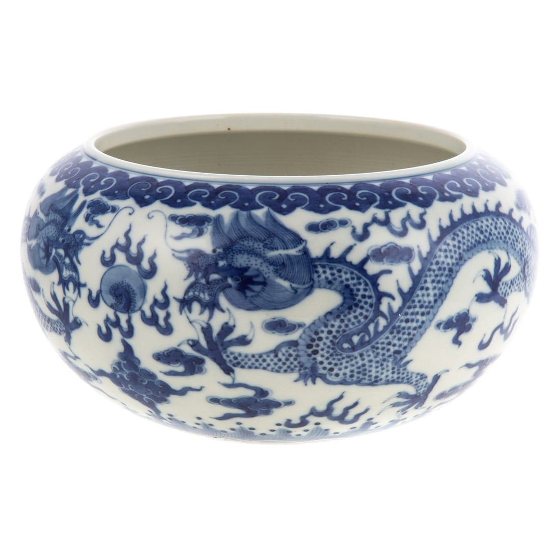 Chinese Blue & White Porcelain Vase: Globular vase with dragons over the sea decoration, with Kang Xi type mark, 5 12 in. H., 9 in. Diam.