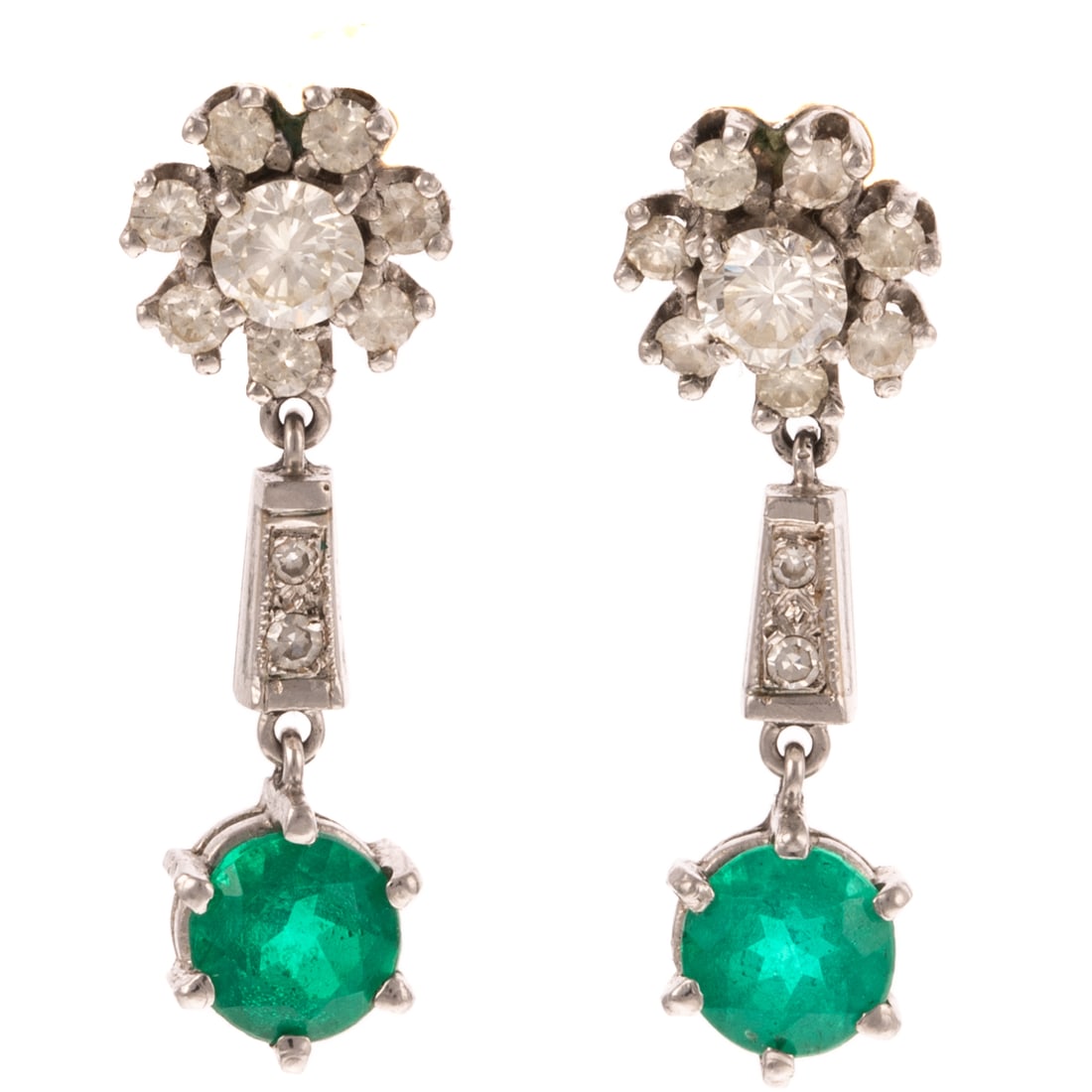 A Pair of Diamond & Synthetic Emerald Earrings: Platinum earrings with round diamonds at the top weighing approx. 0.60 ctw with a halo of synthetic diamonds and a round synthetic emerald dangle at the bottom, posts with friction backs, 1.25 in. L, 