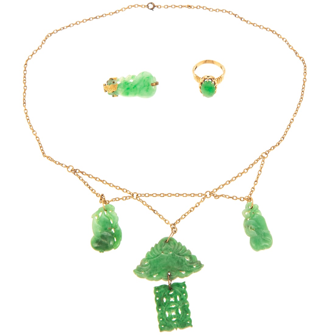 A Collection of Carved Jade Jewelry in Gold (1 of 9)