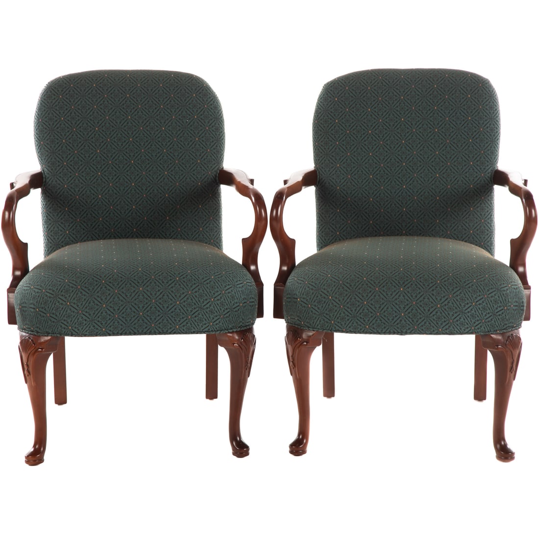 A Pair of Queen Anne Style Upholstered Armchairs: 20th century; carved mahogany frames with damask type upholstery, 35 in. H., 24 in. W., 20 in. D.