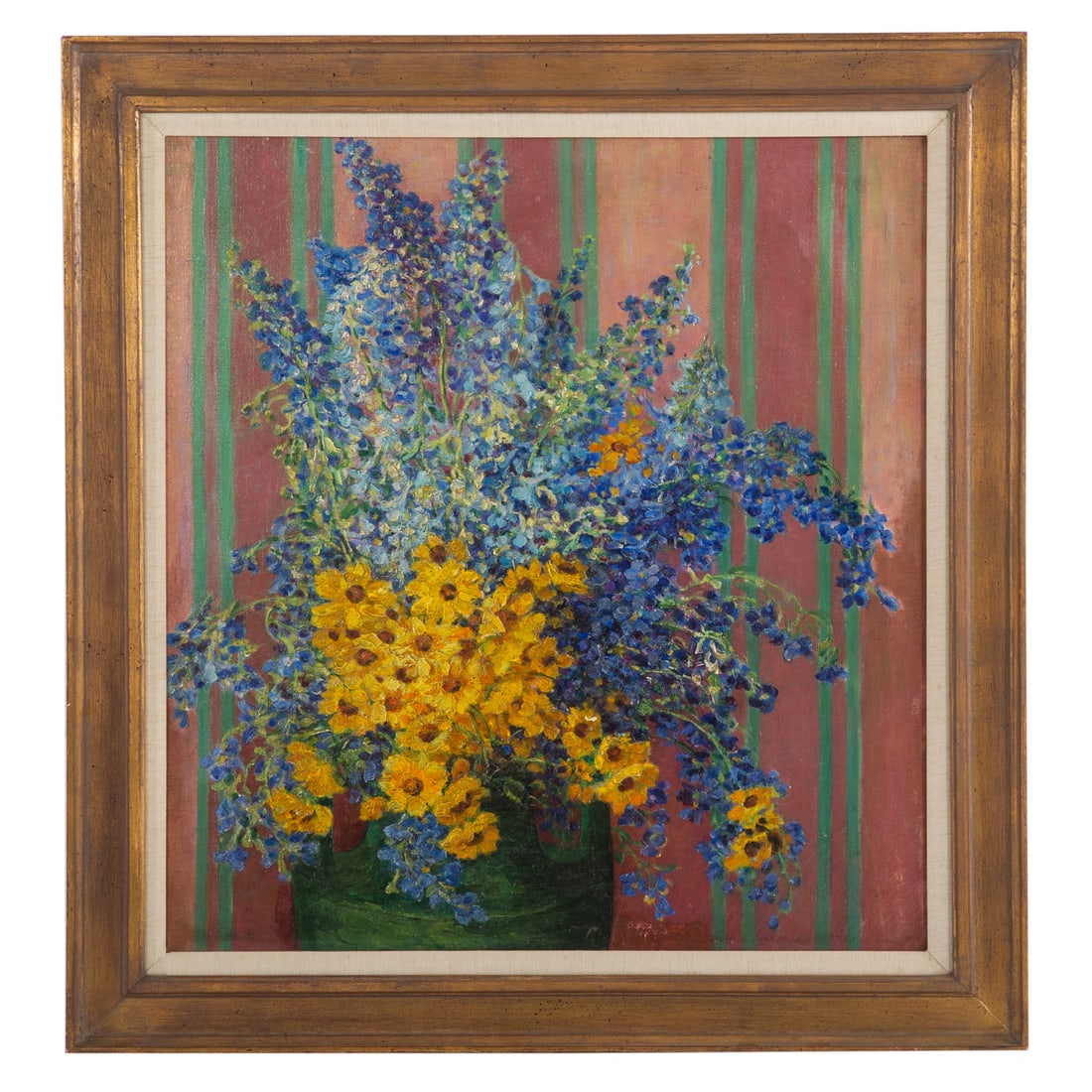 Attributed to Daniel Garber. Floral Still Life, oil: (American, 1880-1958). Oil on canvas, signed "D. Garber" lc, attribution on tag on verso, sight size: 30 x 28 in., framed size: 37 x 34 3/4 inches. Provenance: From the Estate of Janice Hedblom, Balti