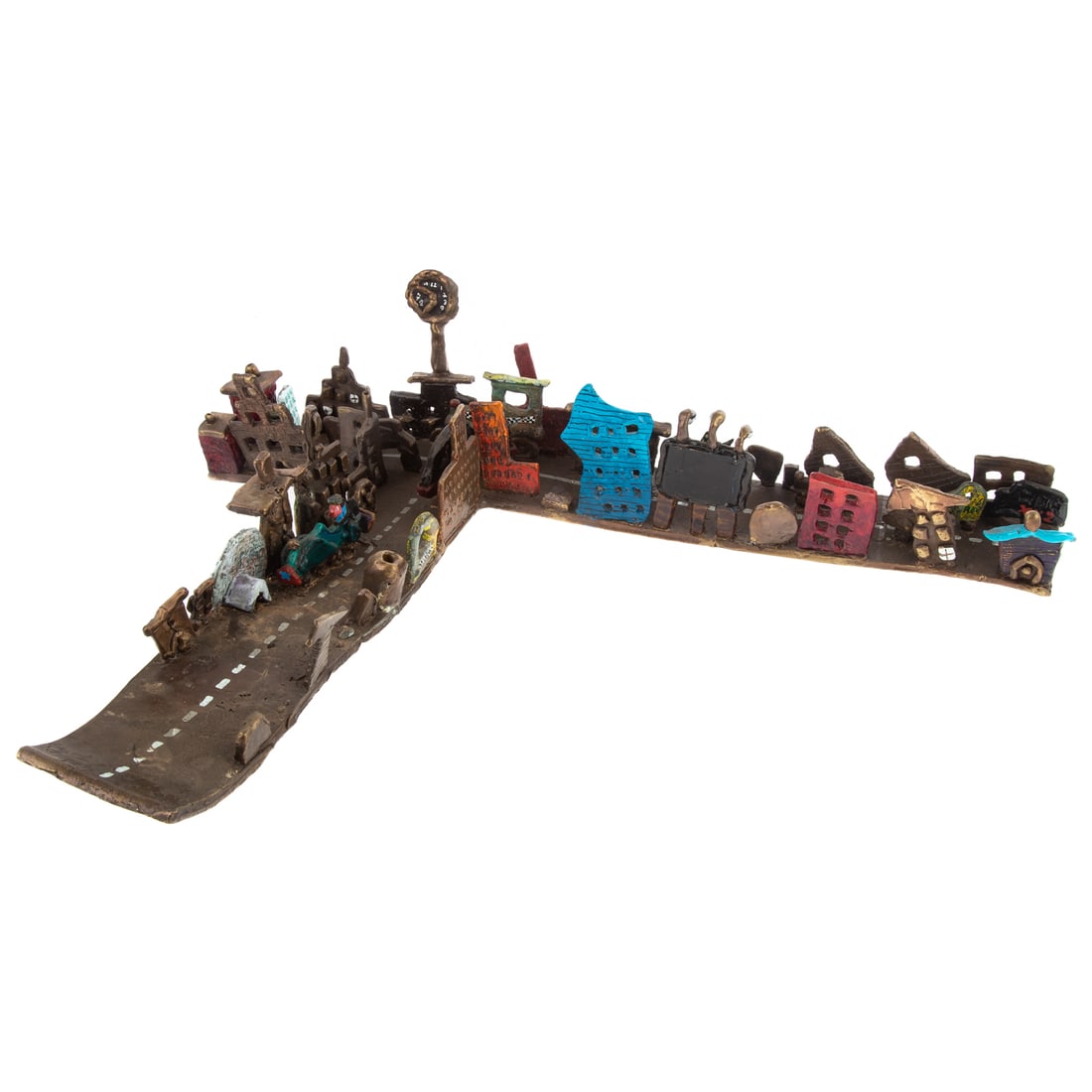 Ronald Markman. Town Scene, bronze: (American, 1913-2017). Bronze sculpture with painted elements, inscribed "For Ericka" on underside, signed and dated "Ronald Markman 1978" on underside, approximately: 6 x 24 x 19 inches. Provenance: