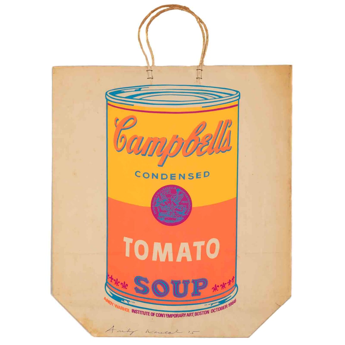 Andy Warhol. Campbell's Soup Can, screenprint: (American, 1928-1987). Screenprint on canvas bag,1966, published for the Institute of Contemporary Art, Boston, pen signed and dated "Andy Warhol, '75" lc, inscribed "Signed Fall 1975, Baltimore Museu