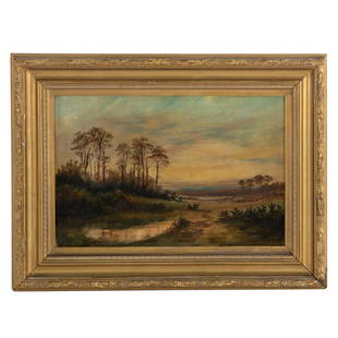 William Lamb Picknell. Landscape with Artist, oil: (American, 1853-1897). Oil on canvas, signed "W.L. Picknell" ll, 12 x 18 in., framed size: 18 x 24 inches.