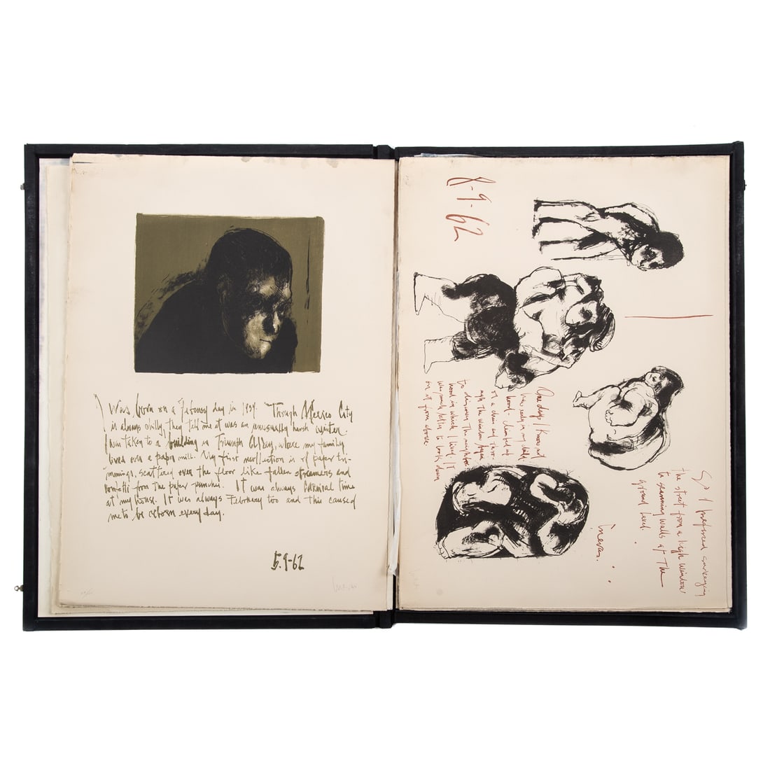 Jose Luis Cuevas. "Recollections of Childhood," lithographs: (Mexican, 1934-2017). 1962, portfolio of twelve lithographs, ed. 29/100, each pencil signed lr, sheet sizes: 22 x 15 3/4 in. Provenance: From the Philip and Lois Macht Estates, Baltimore, MD.