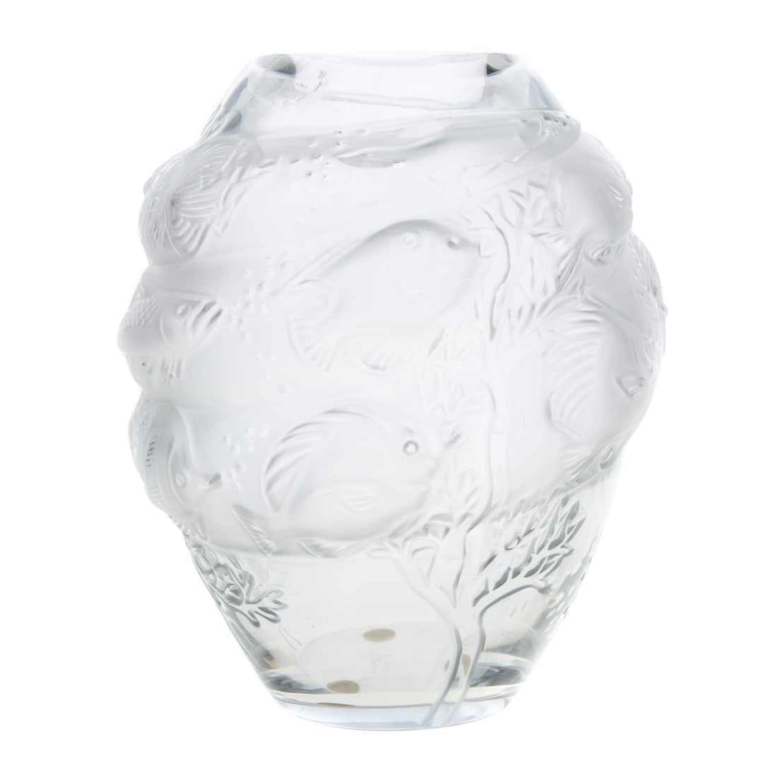 Lalique Sea Creatures Vase: 20th century; partially frosted spiral depicting various fish amongst coral, with molded coral base, inscribed "Lalique, France," underneath, 7 1/2 in. H.