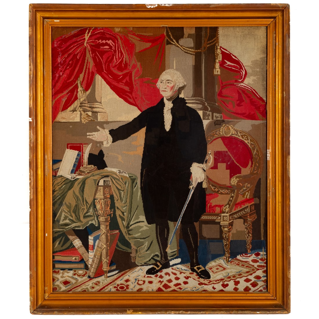 Needlework Portrait of Washington after Stuart: Probably Centennial, detailed needlework portrait after Gilbert Stuart's famed "Lansdowne Portrait" (1796), framed, 42 x 50 1/2 in. Provenance: From the private collection of Marin Alsop, former condu