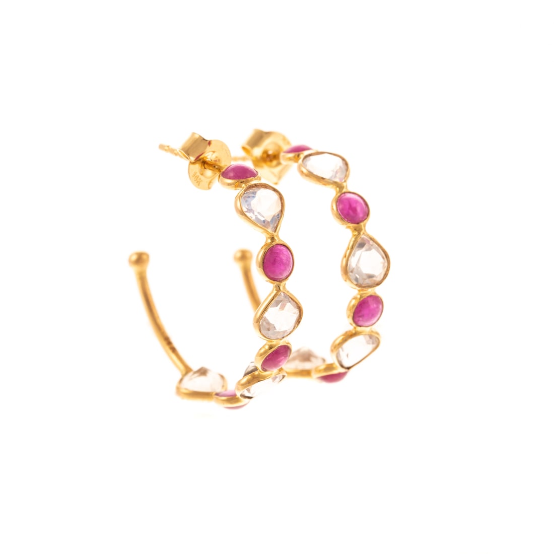 A Pair of Ruby & Moonstone Hoops in 14K: 14K yellow gold hoops featuring alternating round ruby cabochons and pear shaped moonstones, bezel set, posts with friction backs, 1 in. L, 3.0 grams