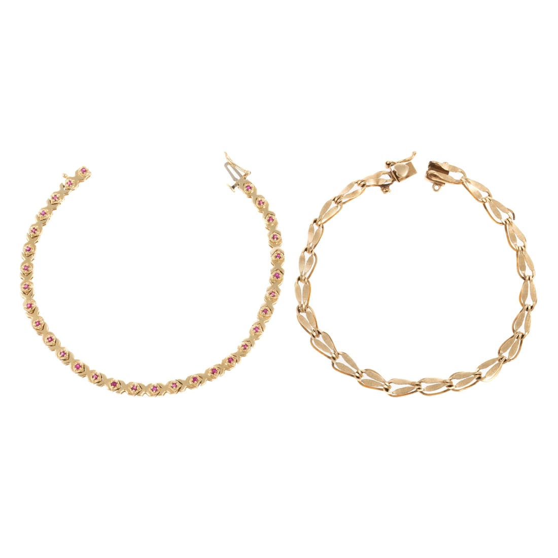 Two Classic Link Bracelets in 14K: 1) 14K yellow gold link bracelet featuring round rubies set in between "X" links, hidden box clasp with safety latch, 7 in. L, and 2) 14K yellow gold elongated link bracelet with florentine finish, bo