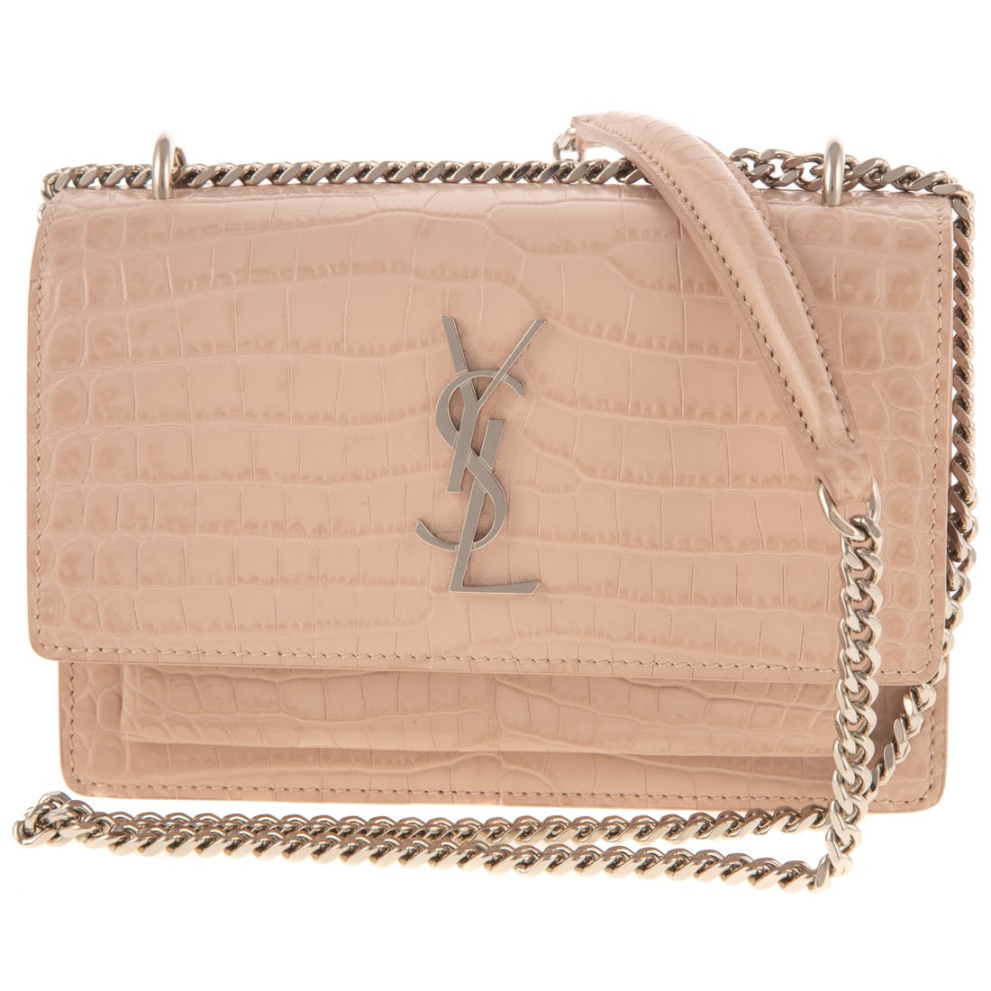 An Yves Saint Laurent Sunset Mini: A rose pink embossed calf leather Yves Saint Laurent Sunset Mini with silver tone hardware and chain strap. Leather lining, two flat wall pockets, eight credit card slots, zipper coin pocket, and magn