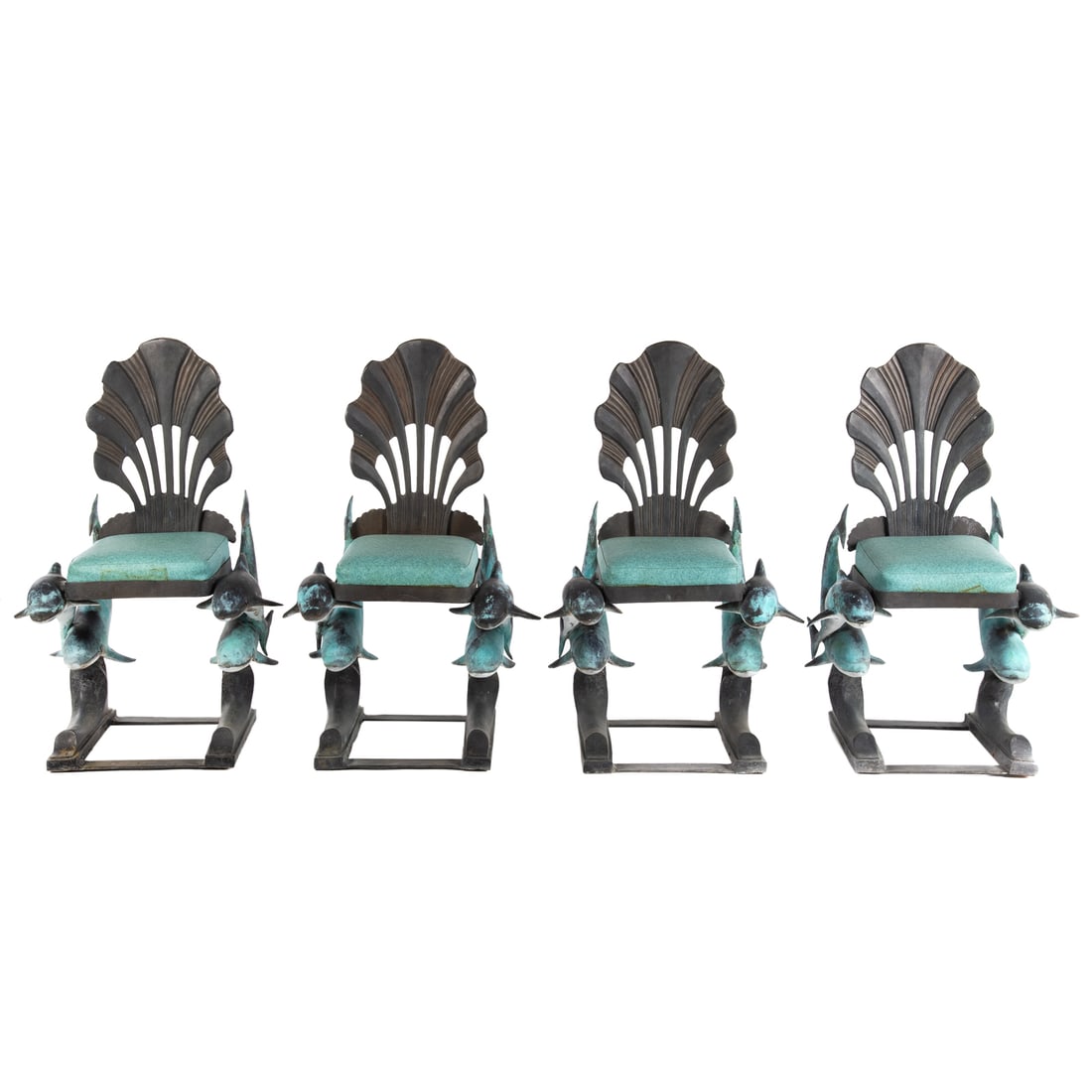 Set of Four Patinated Bronze Figural Dolphin Chairs (1 of 5)