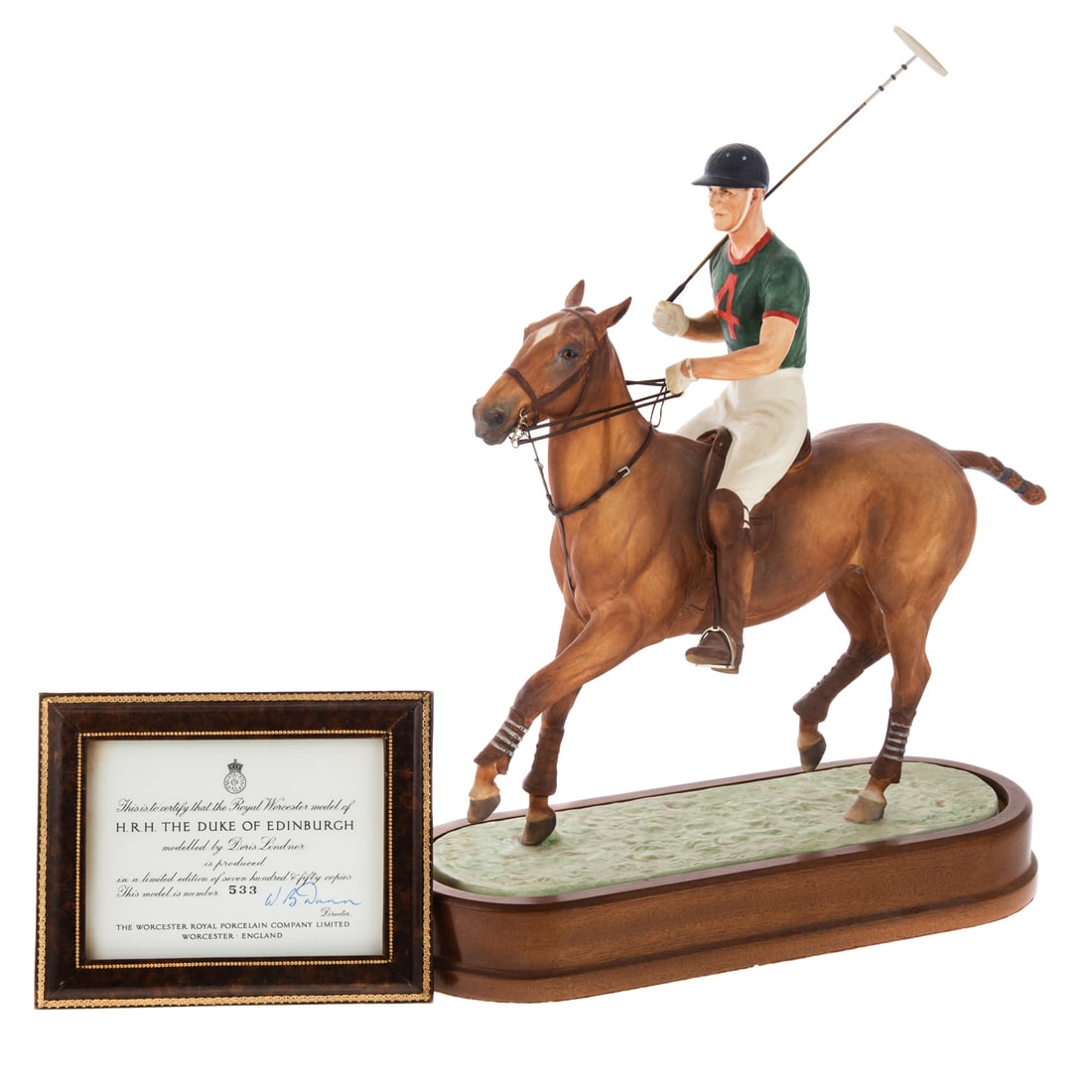 Royal Worcester China Duke of Edinburgh: 1968; Duke of Edinburgh mounted polo player, by Doris Lindner, 533/750, 14 3/4 in. H., 11 in. L., with framed certificate and wood base to inset figure.