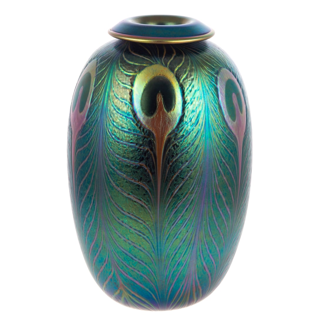 Tiffany Style Iridescent Peacock Glass Vase (1 of 5)