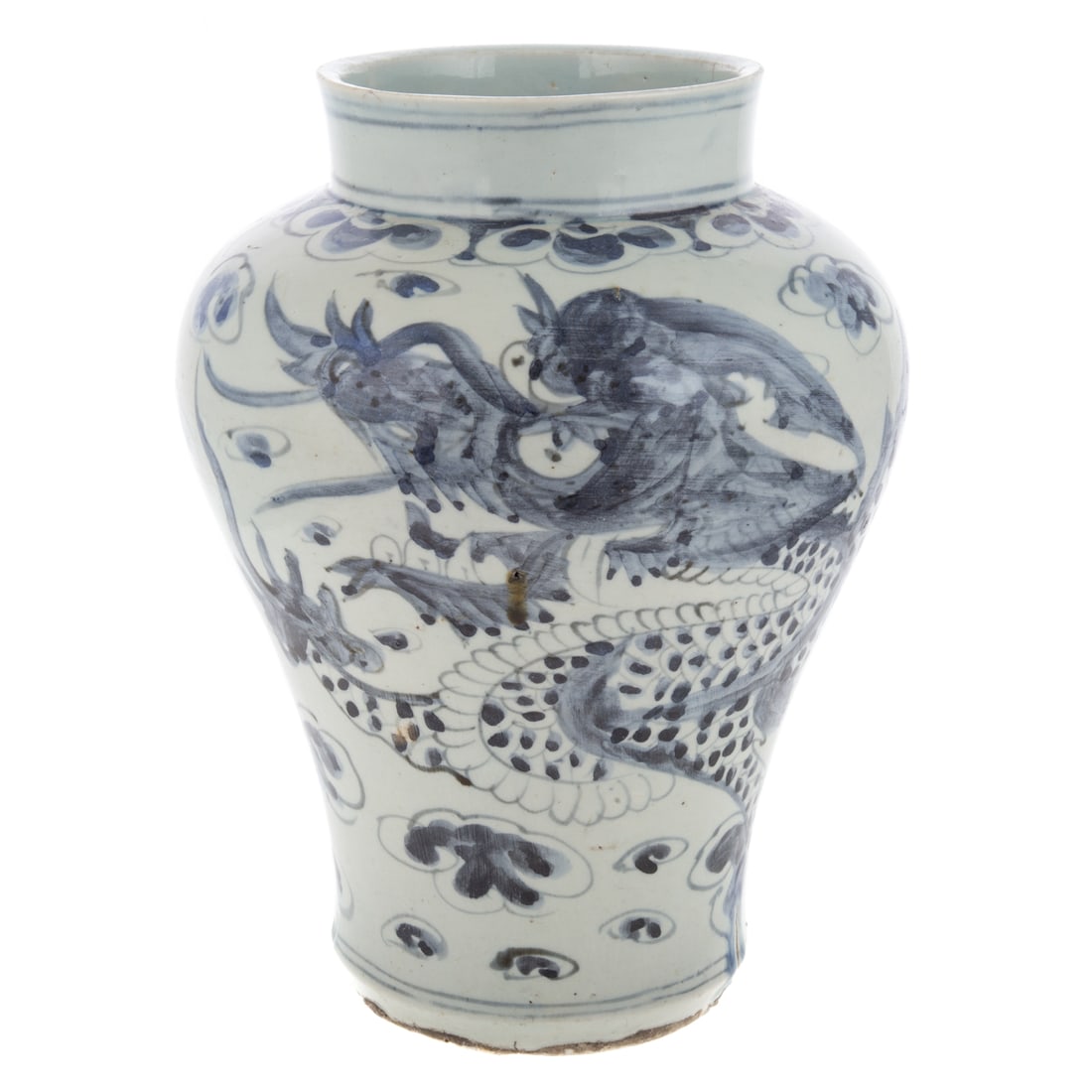 Korean Blue & White Wide Mouth Vase: Joseon Kingdom, 18th century or earlier decoration of dragon amongst the clouds, 12 1/2 in. H.