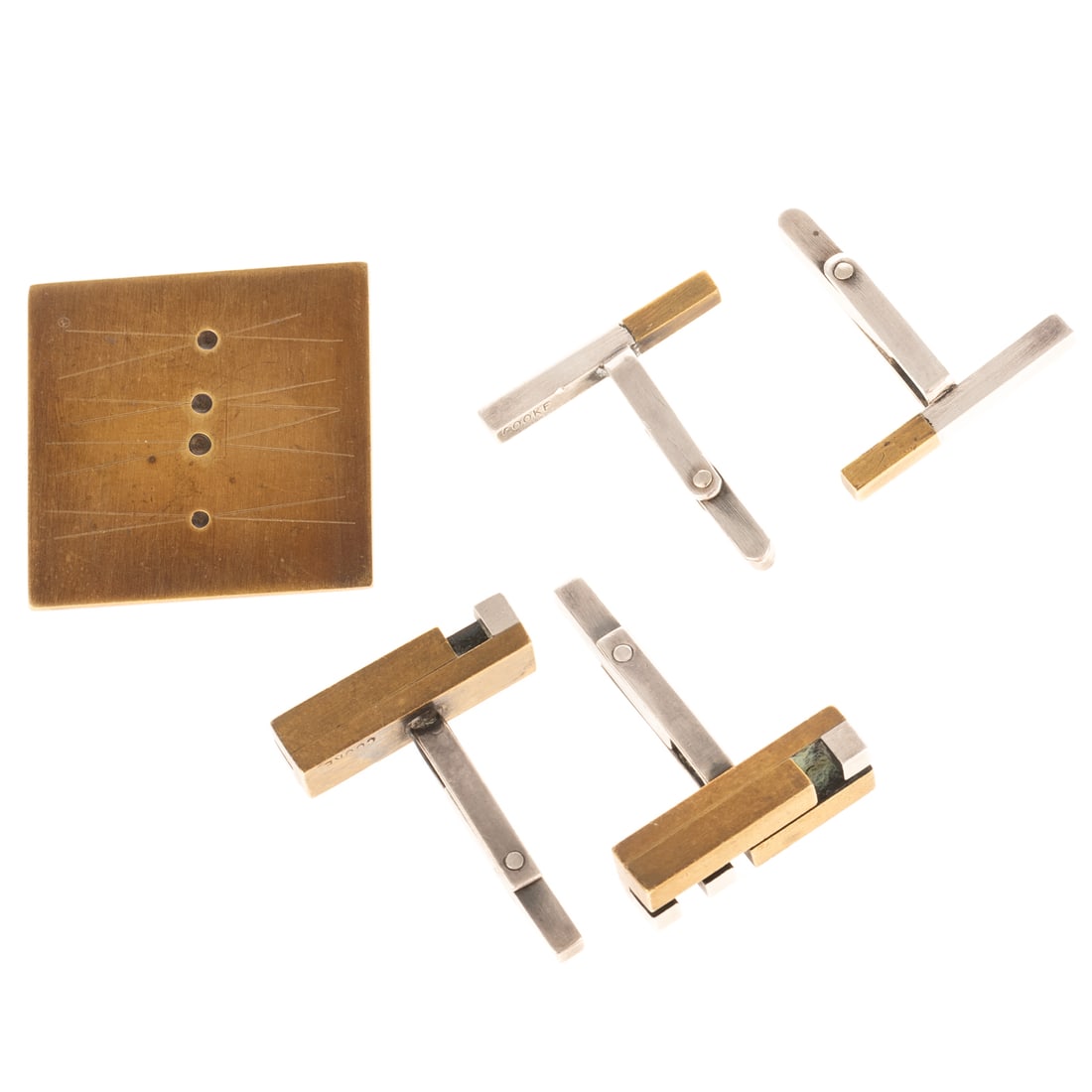 A Collection of Betty Cooke Cufflinks & Brooch: 1) Sterling silver and brass pair of geometric block cufflinks by Betty Cooke, signed "Cooke" 1 in. L, swivel bar clasp, 2) Sterling silver and brass pair of bar cufflinks by Betty Cooke, signed "Cook