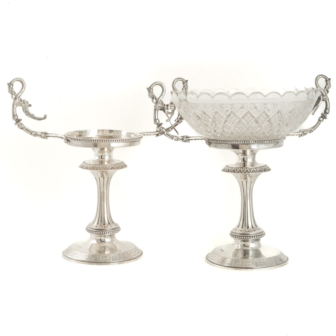A Pair of Victorian Silver Armorial Compote Stands: Smith, Nicholson & Co (Stephen Smith & William Nicholson), London, 1862. The circular foot with Greek Key border, and with two chased armorials, columnar standard, within beaded and acanthus border, w