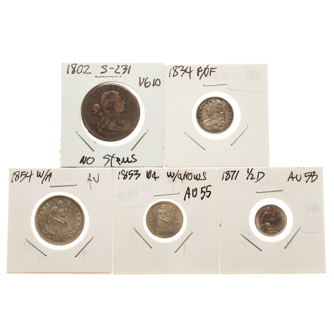 Nice Group of Five US Type Coins: 1802 Large Cent S-231 No Stem VG10, 1871 1/2 Dime AU58 Nice strike with center toning and luster, 1834 Bust Dime F/VF Natural gun metal grey, 1853 Seated Dime with arrows AU55 Great Strike with full d