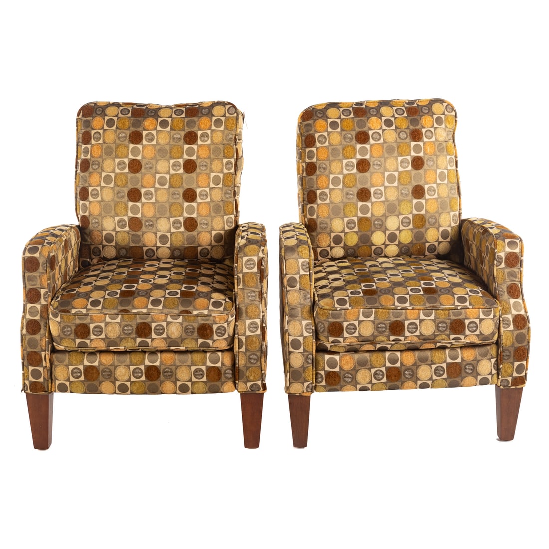 A Pair of Lane Contemporary Upholstered Recliners: 20th century, with art deco style upholstery, 40 in. H, 28 in. W, 29 in. D