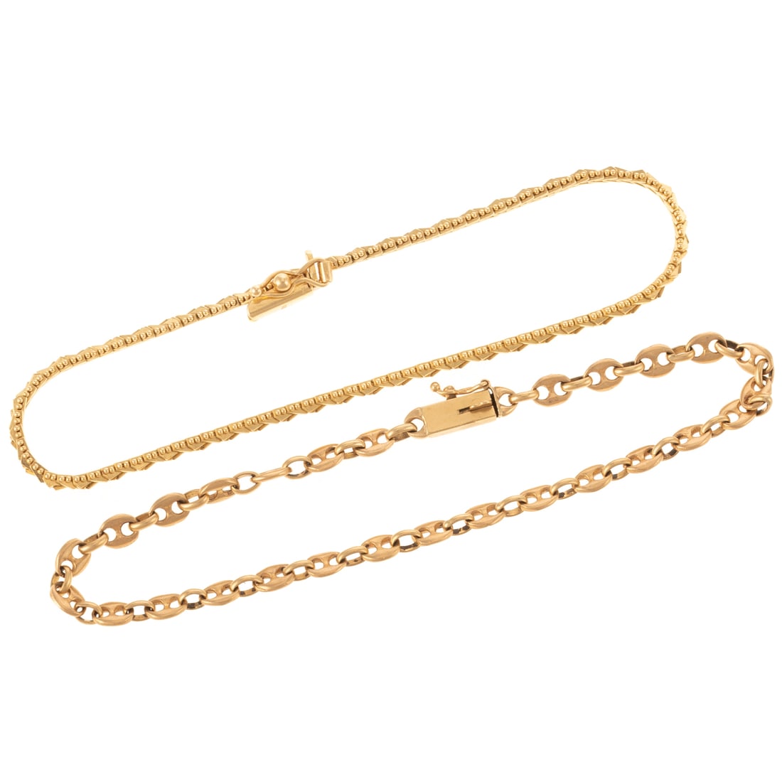 Two Stackable Link Bracelets in 14K: 1) 14K yellow gold anchor link bracelet with elongated box clasp and safety latch, 7.5 in. L, and 2) 14K yellow gold chevron link bracelet with beaded outer edge, hidden box clasp with safety latch, 7
