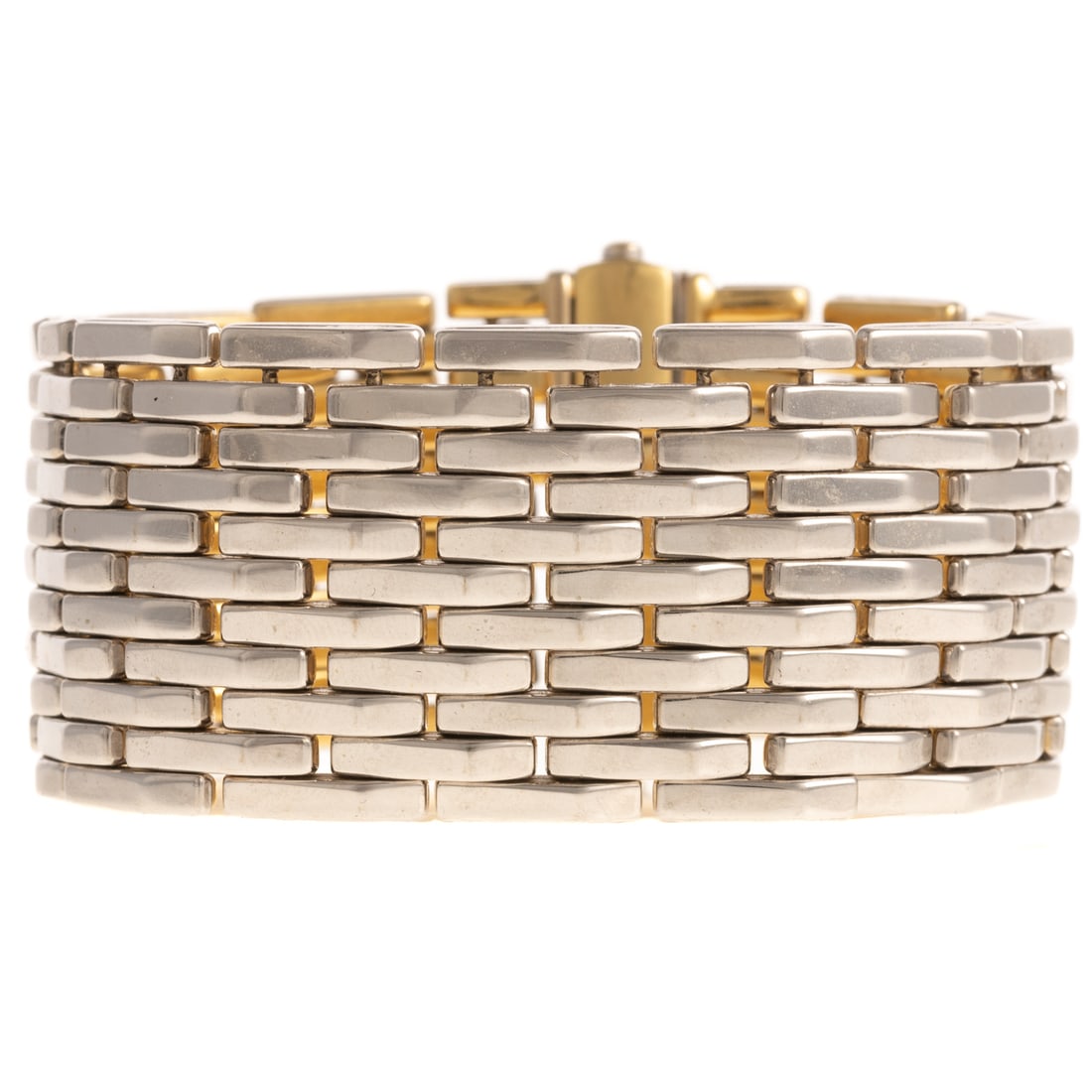 A Chimento 18K Double Sided Panther Link Bracelet: 18K yellow and white gold bracelet by Chimento designed with 11 row panther link bracelet with yellow gold on one side and white gold on the other side, pressure bar clasp with bezel set diamonds on w