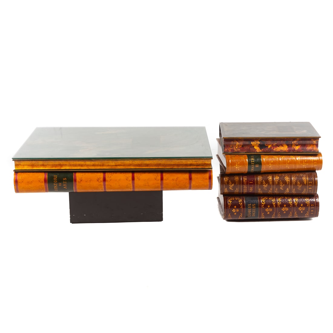Faux Book Coffee Table & End Table: 20th century, coffee table modeled as two large stacked books,with single drawer and similar end table modeled as four stacked books, four with drawers. Coffee table, 16 in. H, 39 in. L, 27 in. W. End