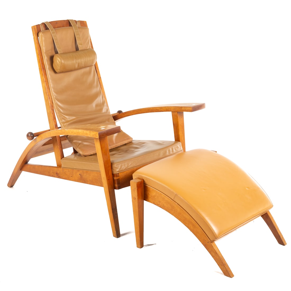 Robert Erickson Chair & Ottoman: 20th century, modern Morris type chair with adjustable bar, streamlined design with arms and matching ottoman, with removable leather upholstery, 44 in. H, 34 in. W, 20 in. D (seat). Ottoman, 15 in. H