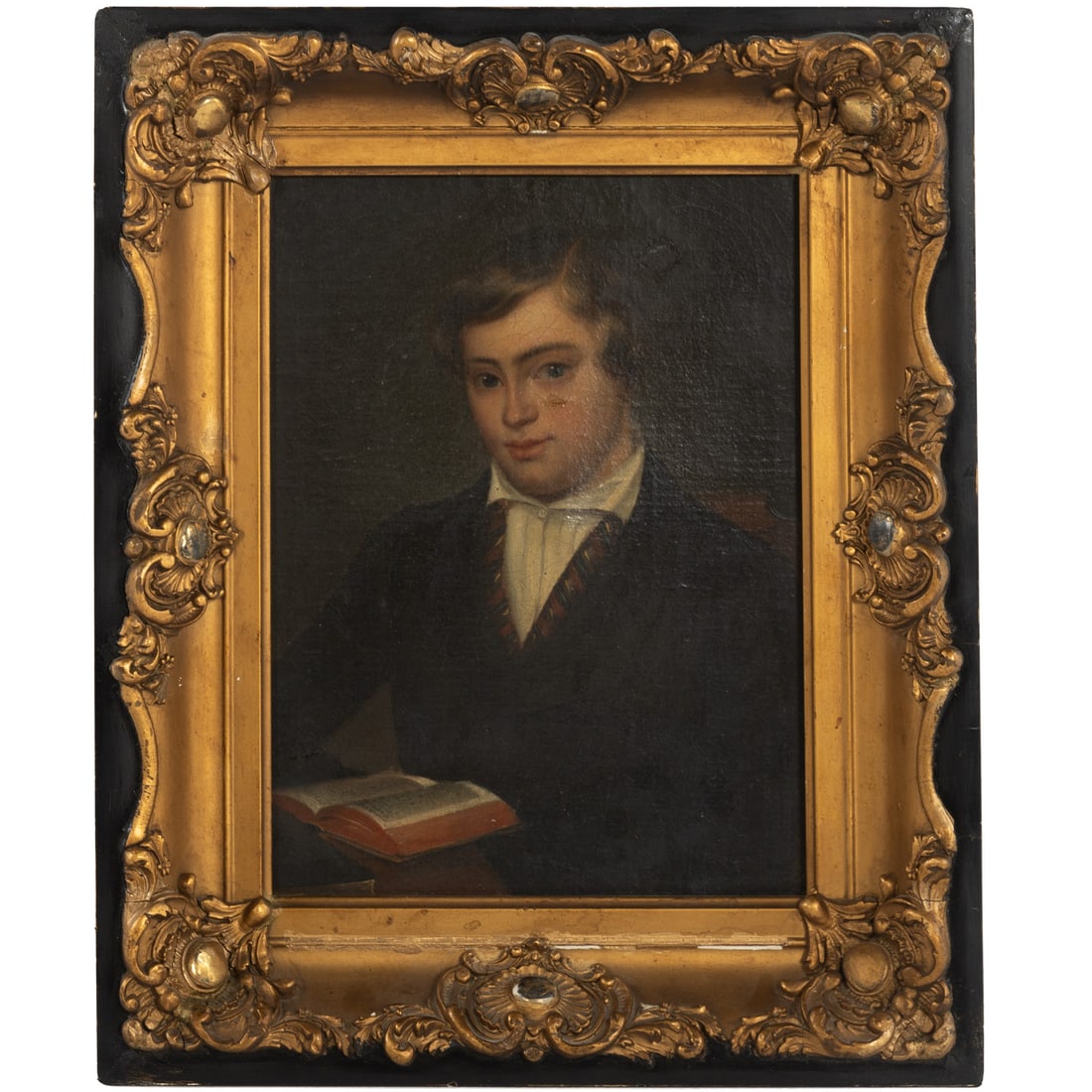 American School. Portrait of a Boy Reading, oil: (19th century) Oil on canvas, unsigned, 12 x 9 3/4 in., framed size: 17 x 14 in. Provenance: From the collection of the Sonneborn family, Baltimore, MD