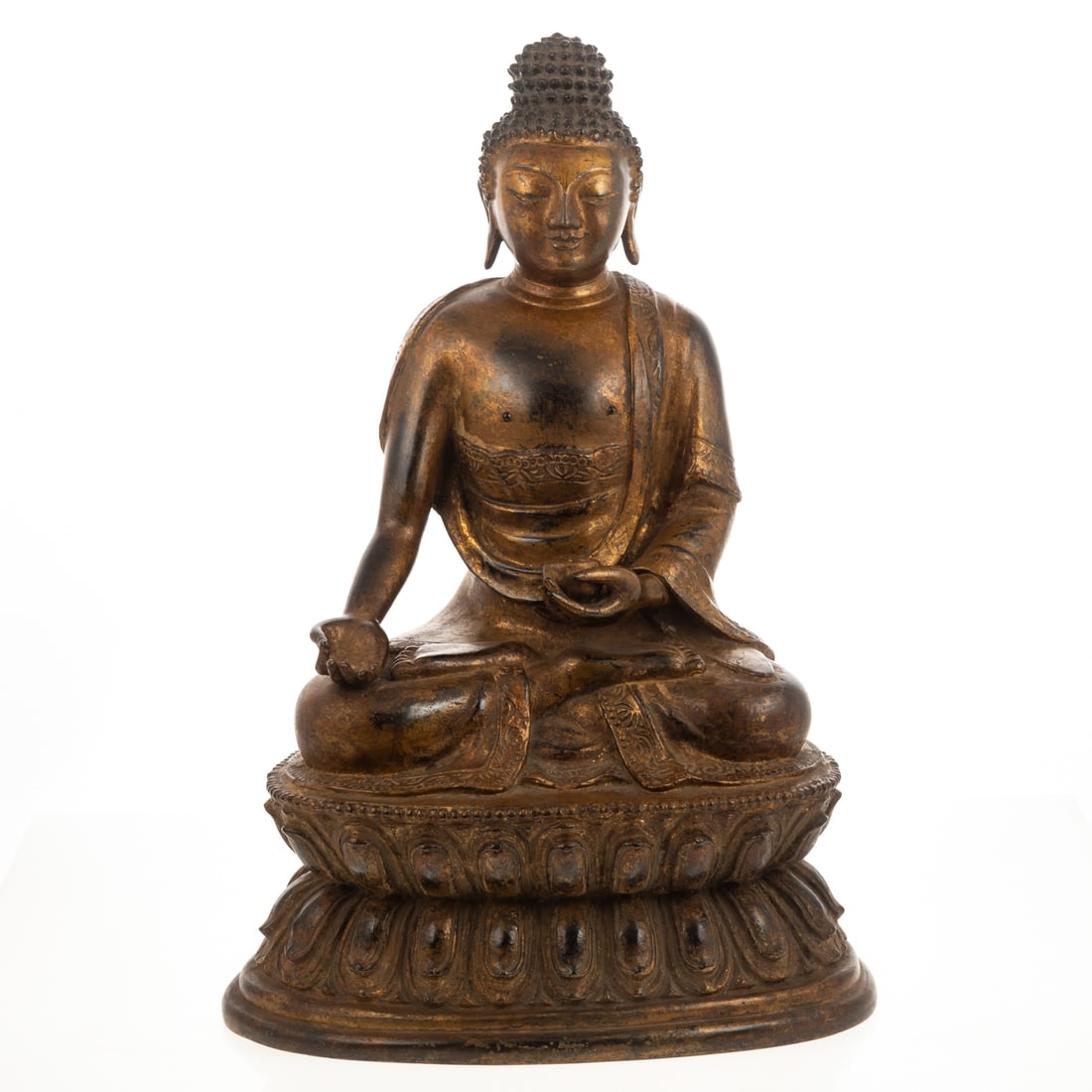 Chinese Gilt Iron Buddha: 19th century, Buddha seated in meditation on double lotus stand, 20 in. H Provenance: Ex Berthe and John Ford collection, Baltimore, MD