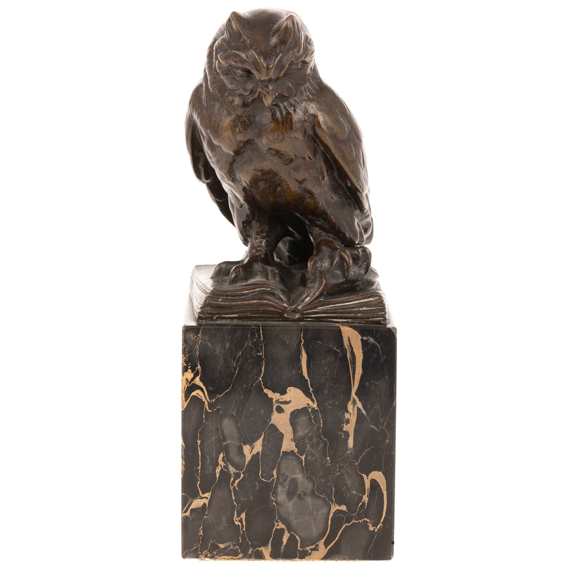 Bronze Owl on Book: 20th century, patinated bronze of owl perched on open book, mounted on large marble cube base, 10 1/2 in. H Provenance: Ex Berthe and John Ford collection, Baltimore, MD