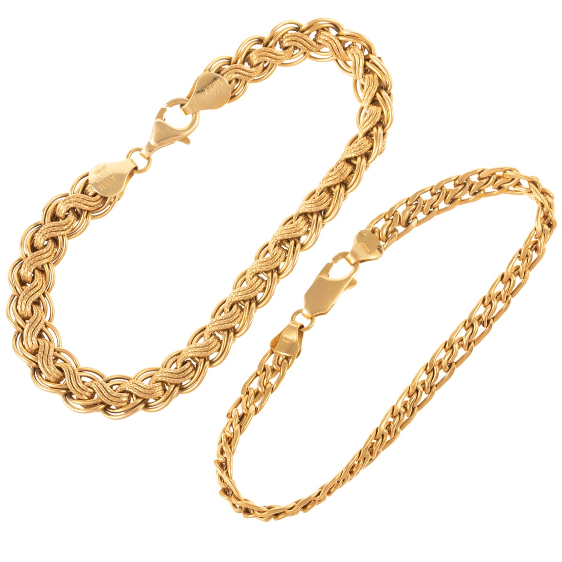 Two Italian Milor Link Bracelets in 18K & 14K: 1) 18K yellow gold Italian interlocking link bracelet by Milor with lobster clasp, signed, 7 in. L, and 2) 14K yellow gold knot Italian link bracelet by Milor, textured links running down center of br
