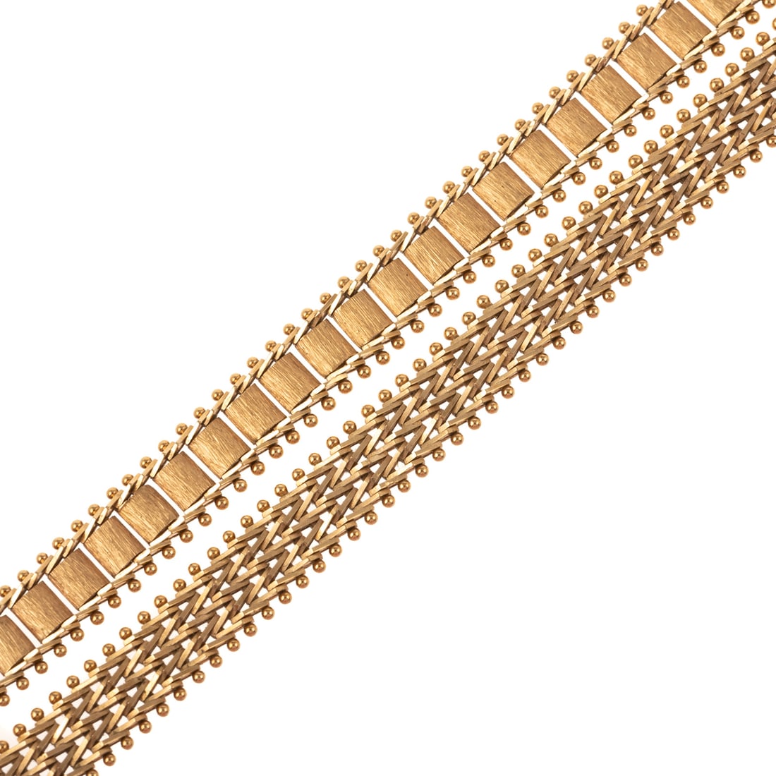 Two Flat Link Bracelets in 14K: 1) 14K yellow gold flat chevron link bracelet by Imperial Gold USA, hidden box clasp with safety latch, 7.25 in. L, and 2) 14K yellow gold textured and high polish rectangular flat link bracelet by Im