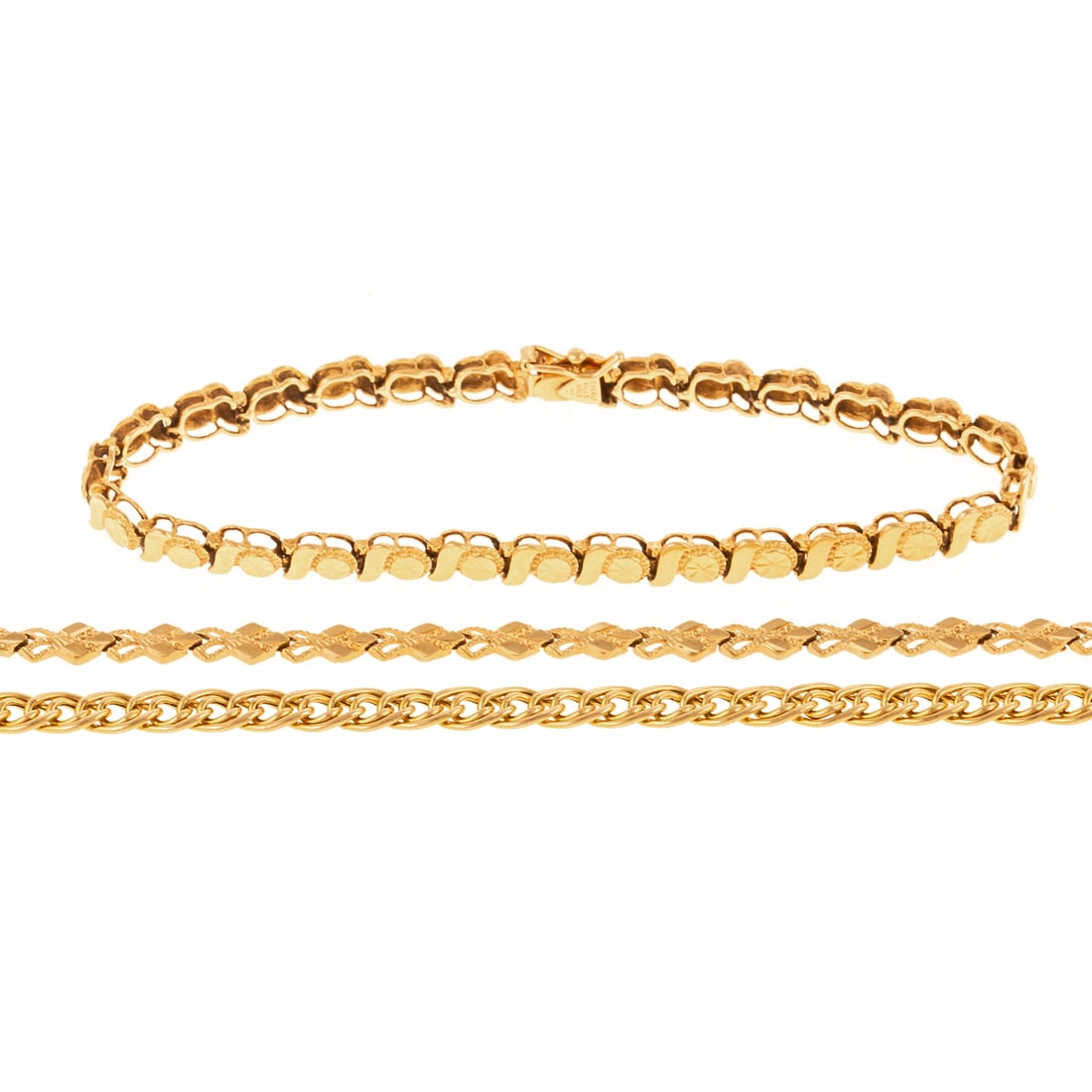 A Trio of Link Bracelets in 14K: 1) 14K yellow gold bracelet with alternating stylized pinwheel and "S" links, hidden box clasp with safety latch, signed Beverly Hills Gold, 7.25 in. L, 2) 14K yellow gold double link curb chain brace