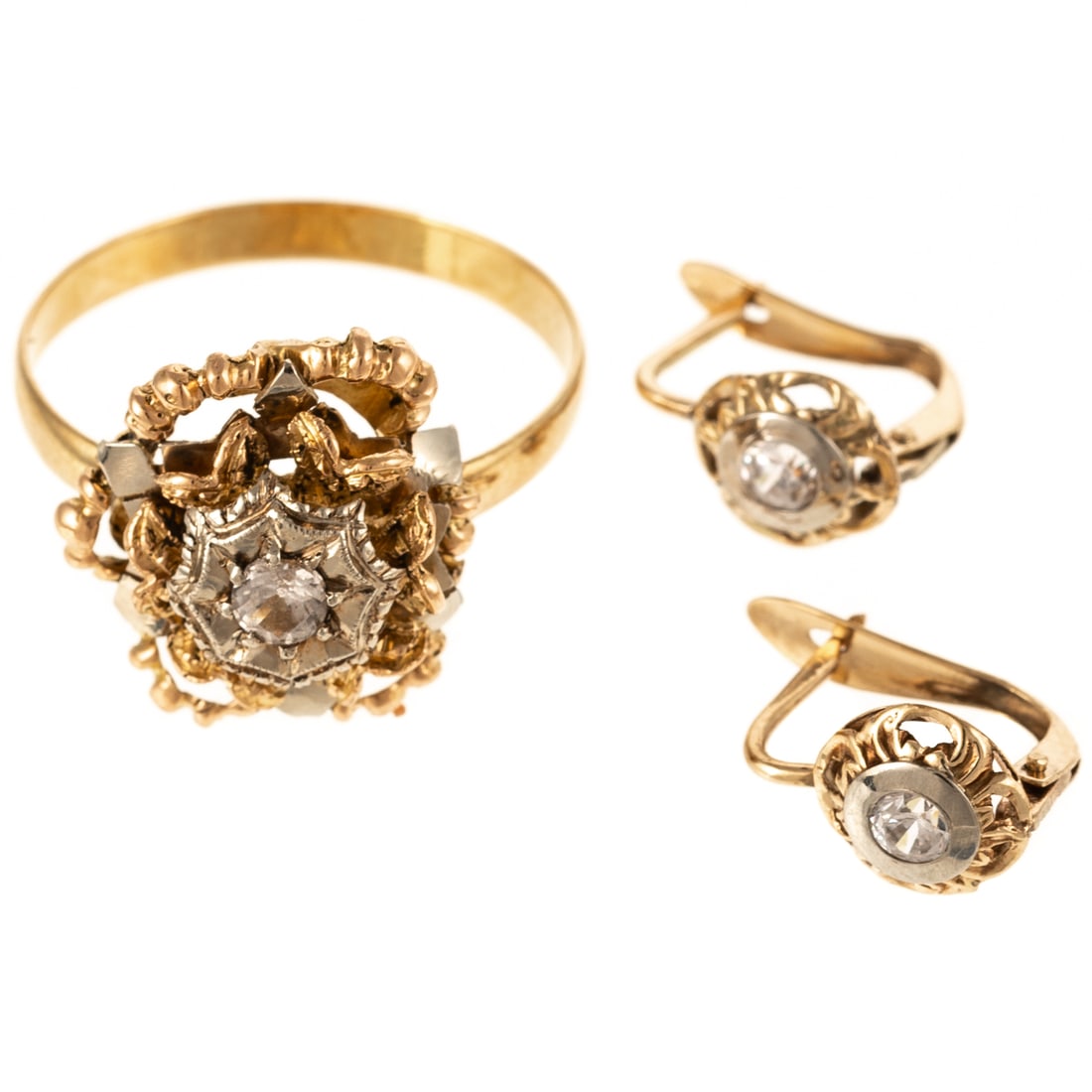 An Italian Ring & Earrings in 18K: 1) 18K yellow gold Italian ring featuring round synthetic clear spinel in center of tiered scalloped design, sz 9.5 and 2) 14K yellow gold lever back earrings with synthetic clear spinel, 3/8 in. L, 5