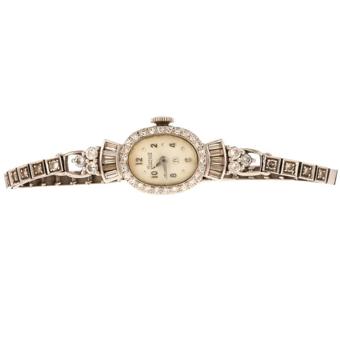 A Diamond Biggs-Hamilton Cocktail Watch in Platinum: Platinum Biggs Hamilton cocktail watch with a white dial and diamond bezel with baguette and round diamonds leading into the diamond and square link bracelet, all diamonds weighing approx. 0.90 ctw, f