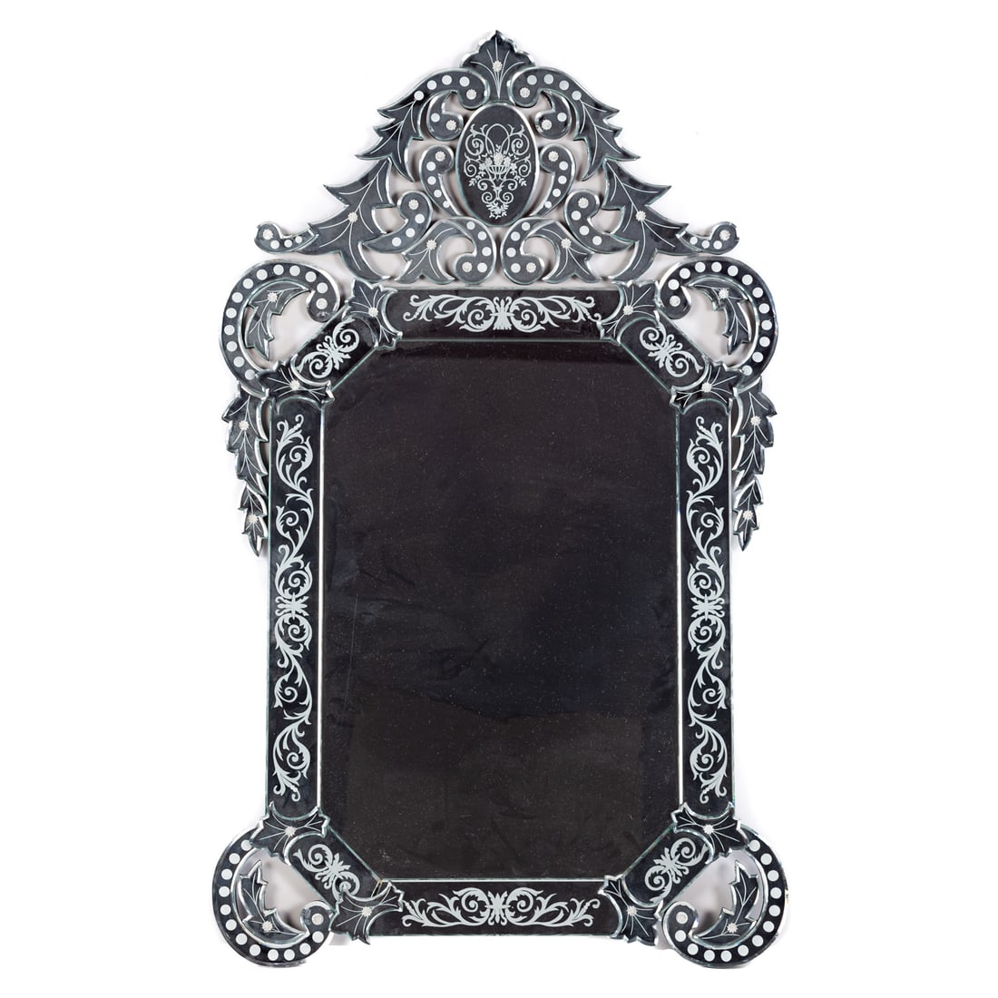 Venetian Glass Mirror: 20th century, acid etched scroll decoration, 50 in. L, 30 in. W