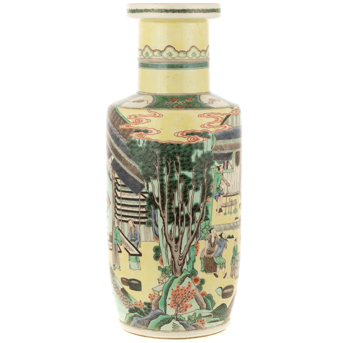 Chinese Famille Verte Baluster Vase: Yongzheng Style vase, with meandering decoration of figures in a workshop, 18 1/2 in. H