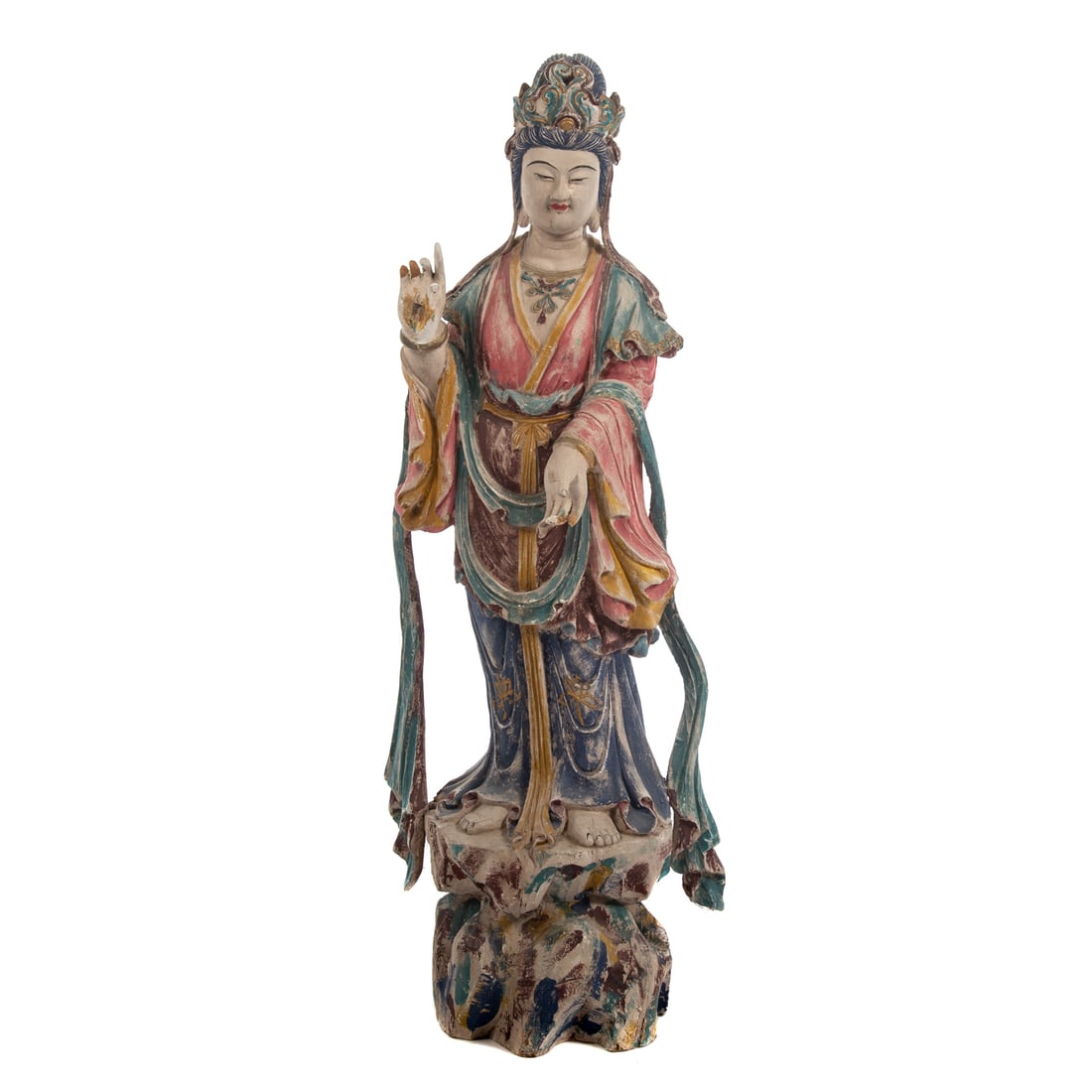 Large Chinese Carved & Painted Wood Guanyin: Late 19th/early 20th century, goddess standing on double lotus base, painted in vibrant colors, 38 in. H