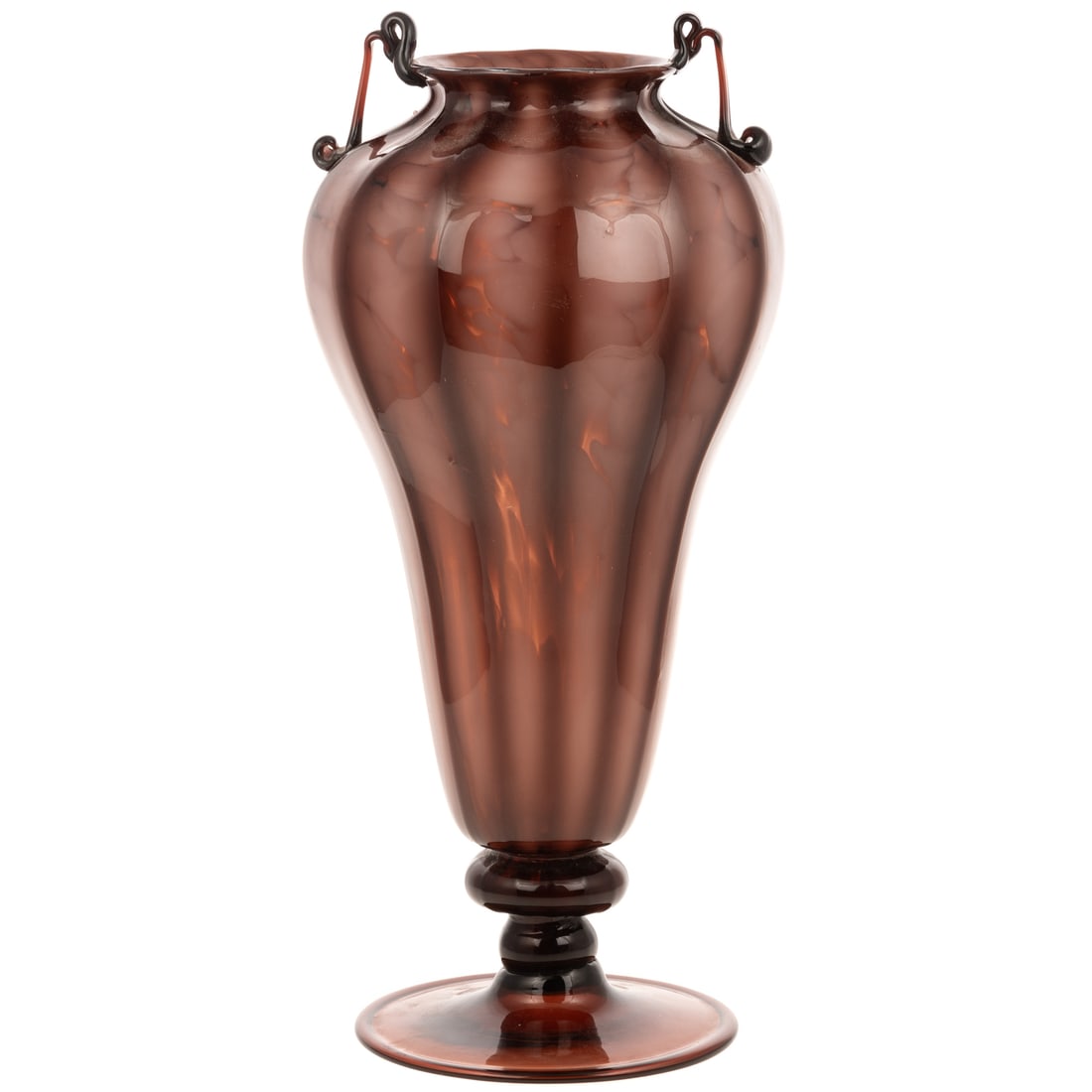 Italian Art Glass Vase: 20th century, ribbed mold blown marbled pattern vase with applied glass handles, in the manner of Ermanno Tosa, 14 in. H