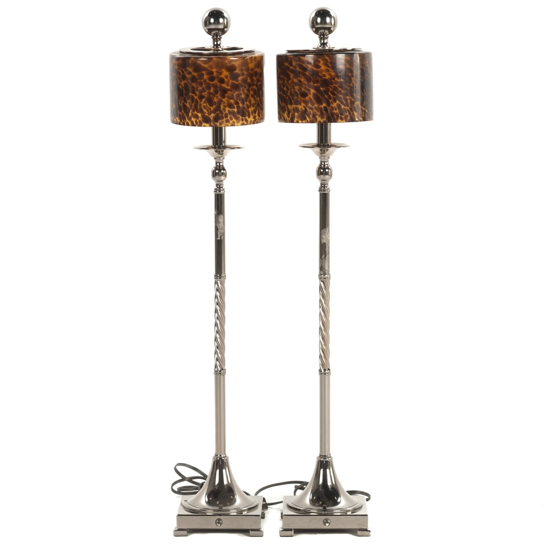 A Pair of Modern Chrome Candle Stick Lamps & Shades (1 of 3)