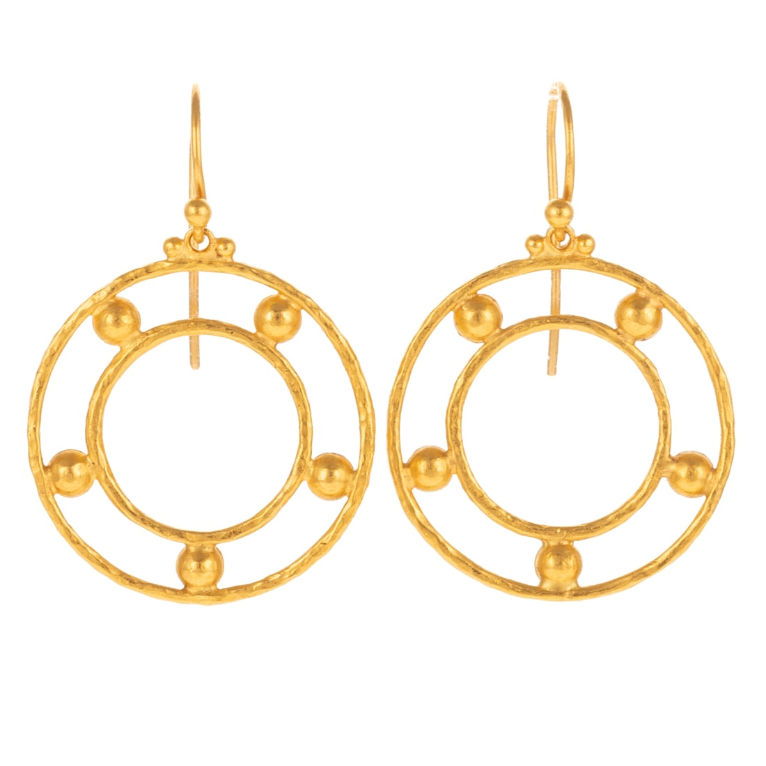 A Pair of Gurhan Dangle Earrings in 22K: 22K yellow gold open double row open circle dangle earrings by Gurhan, New York, NY wire hooks, 1 1/2 in. L, signed, 6.2 grams