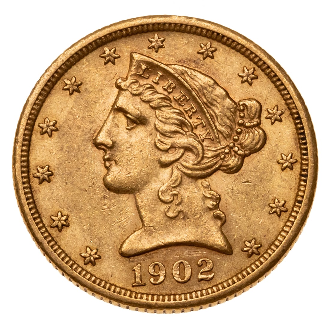 1902-S $5 Liberty Half Eagle AU50: Nice luster on this Half Eagle minted several years before the Great San Francisco Earthquake