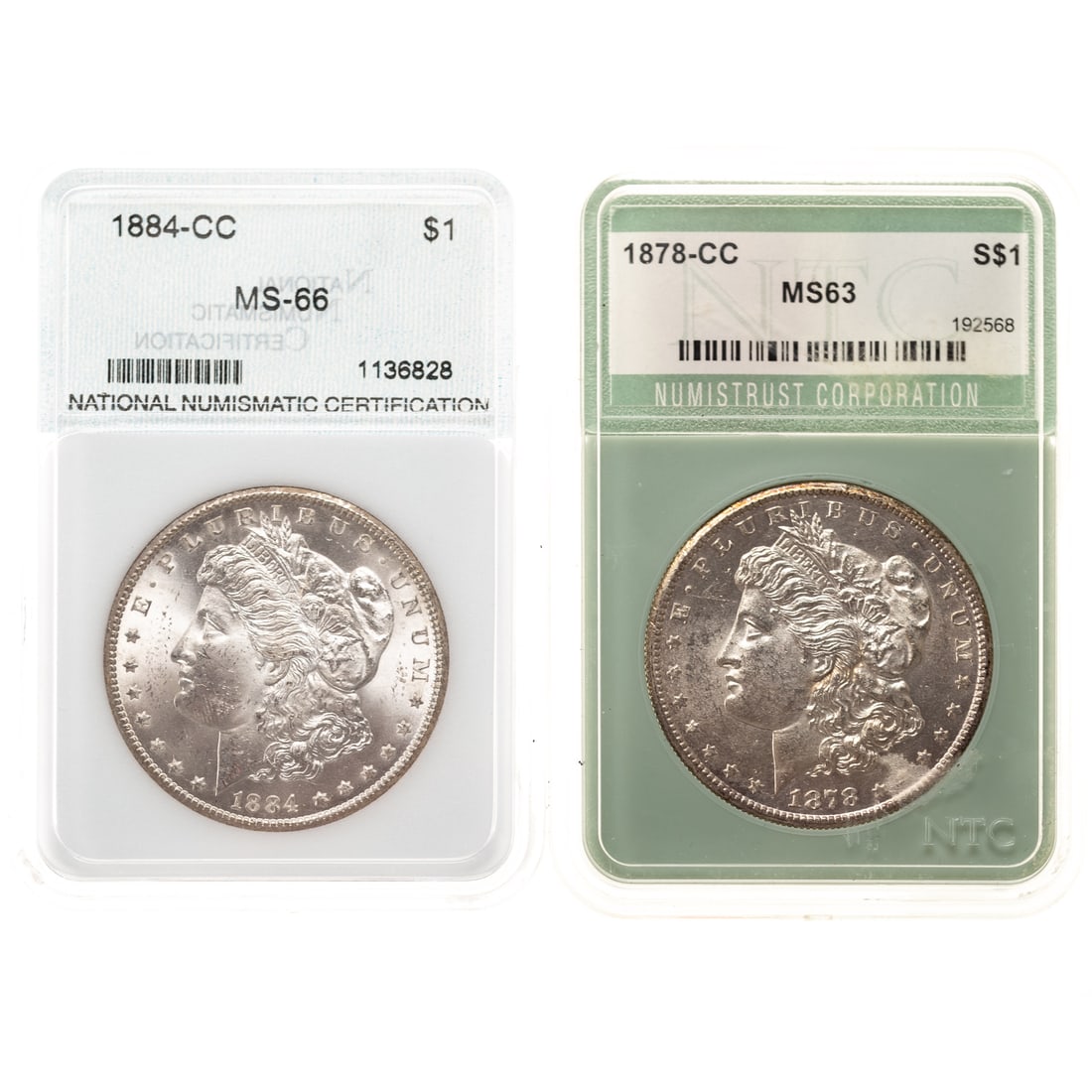 A Pair of CC Morgans Graded by Other TPG Services: 1878-CC Numistrust Corporation MS63, close, seems more like an MS62; 1884-CC National Numismatic Certification MS66. This too seems like a MS62 with field marks not associated with a Gem 66
